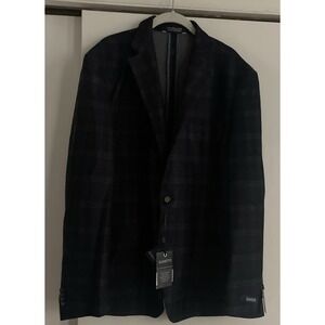 Zanetti Mens Size 44 XL Navy Blue Plaid Modern FitSuit Jacket Blazer‎ New